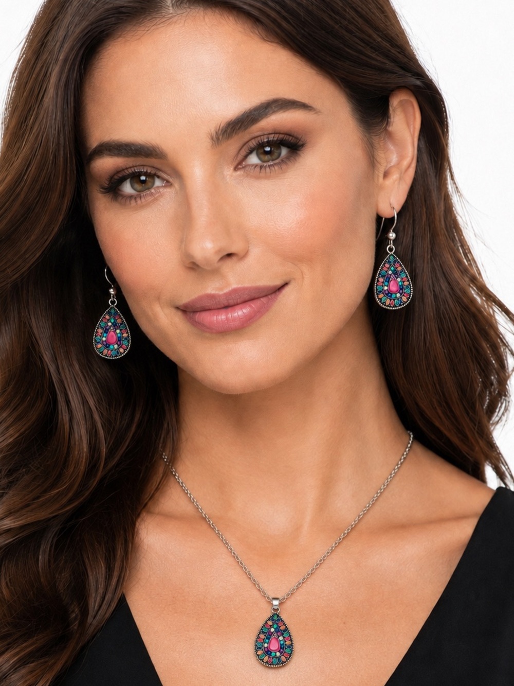 Multicolor Teardrop Pendant Necklace with Matching Earrings - Women